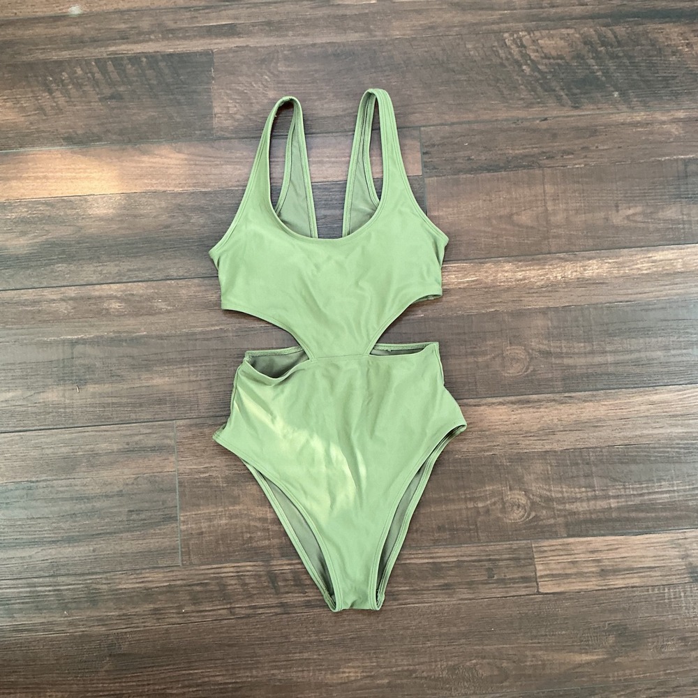 Aerie Cut Out One Piece Swimsuit Sage Green Scoop Neck High Leg Small NWT